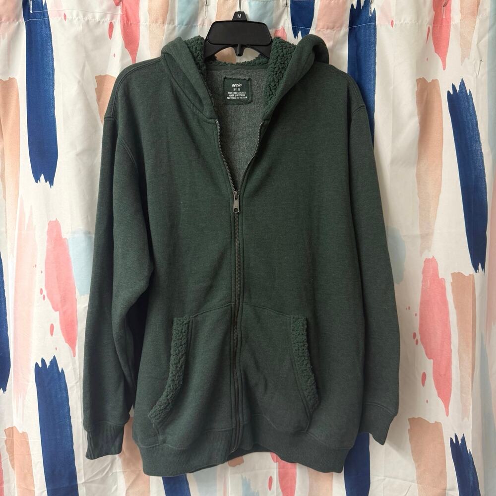 Aerie Green Fleece Lined Sherpa Detail Oversized Full Zip Jacket Size Medium